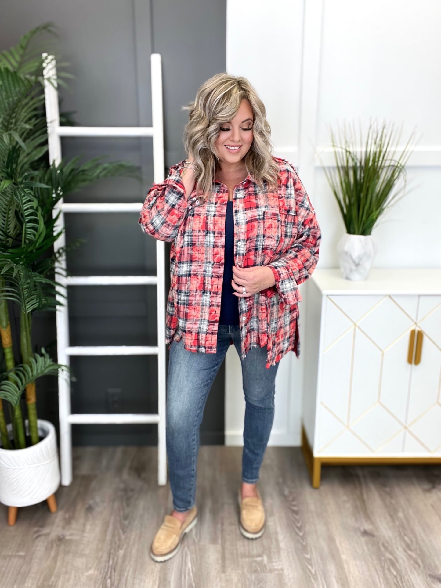 Women's Red Plaid Combo Top