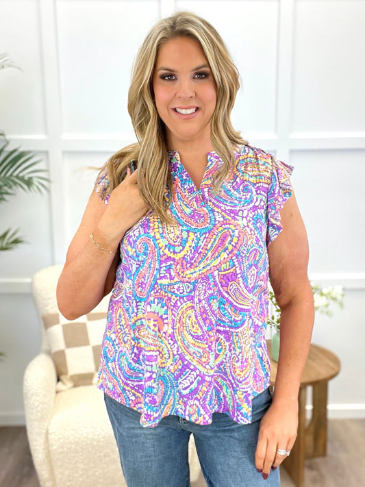 Dear Scarlett Women's Lavender Paisley Flutter Sleeve Lizzy Top