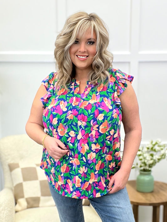 Dear Scarlett Women's Royal Blue Floral Flutter Sleeve Lizzy Top