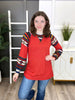 Women's Solid Red Top w/ Geometric Print Long Sleeves