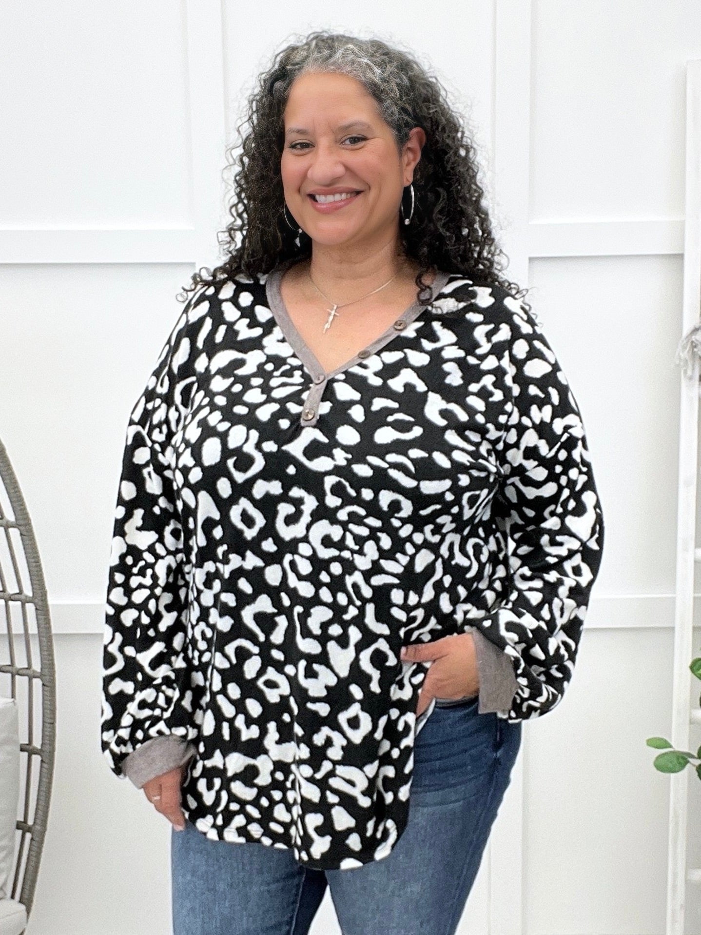 Women's Black & White Leopard Print Top w/ Button Detail