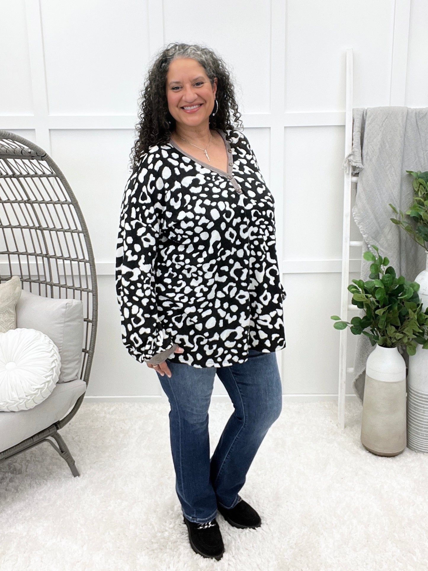 Women's Black & White Leopard Print Top w/ Button Detail