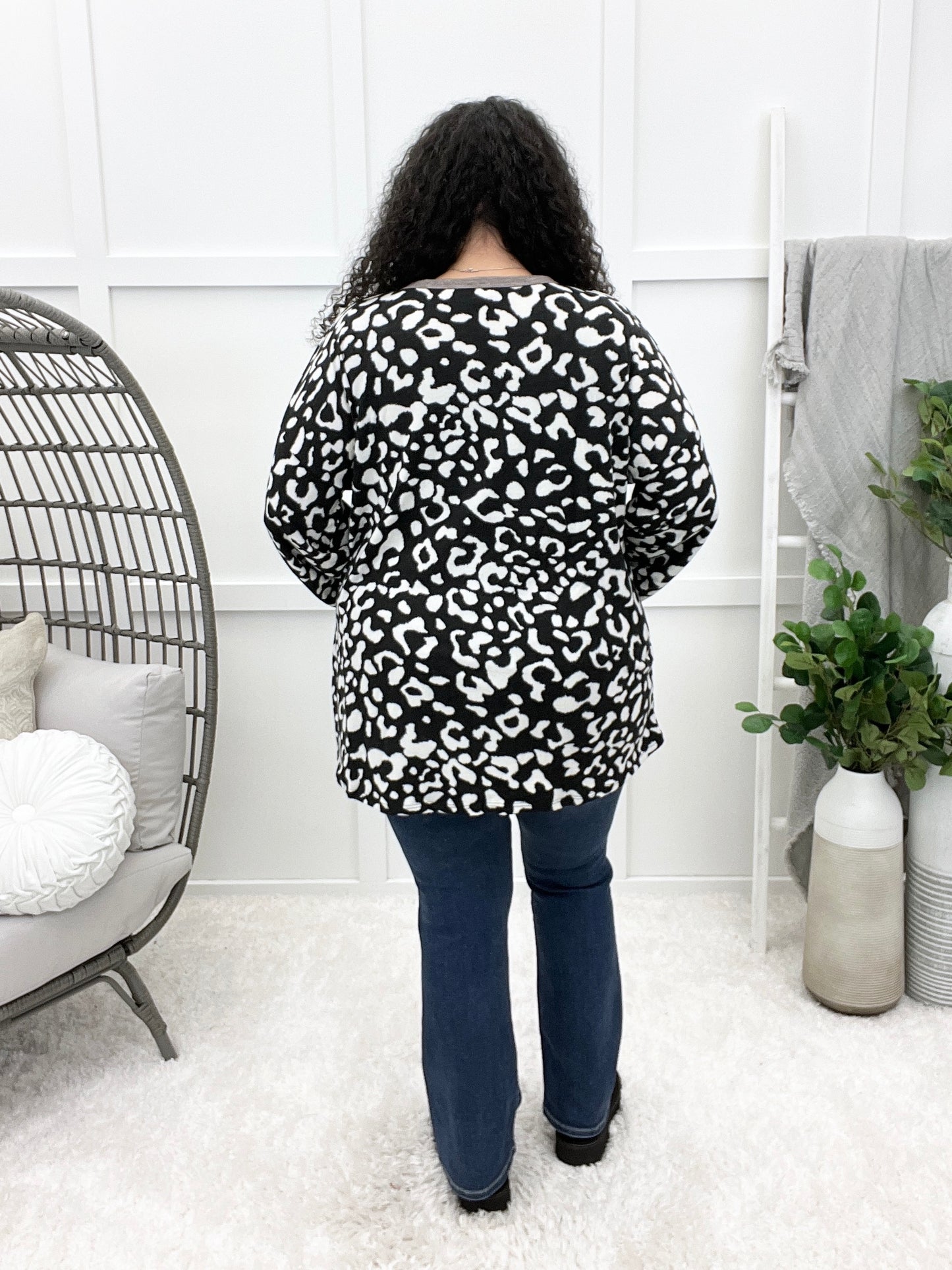 Women's Black & White Leopard Print Top w/ Button Detail