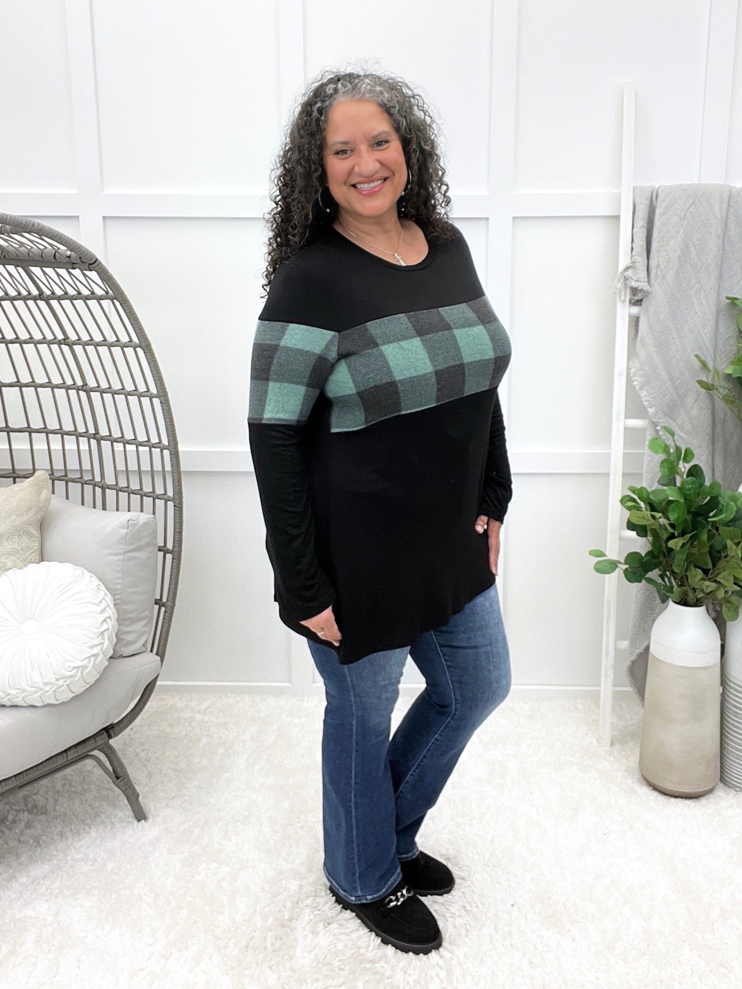 Women's Black Top w/ Green & Black Plaid Contrast