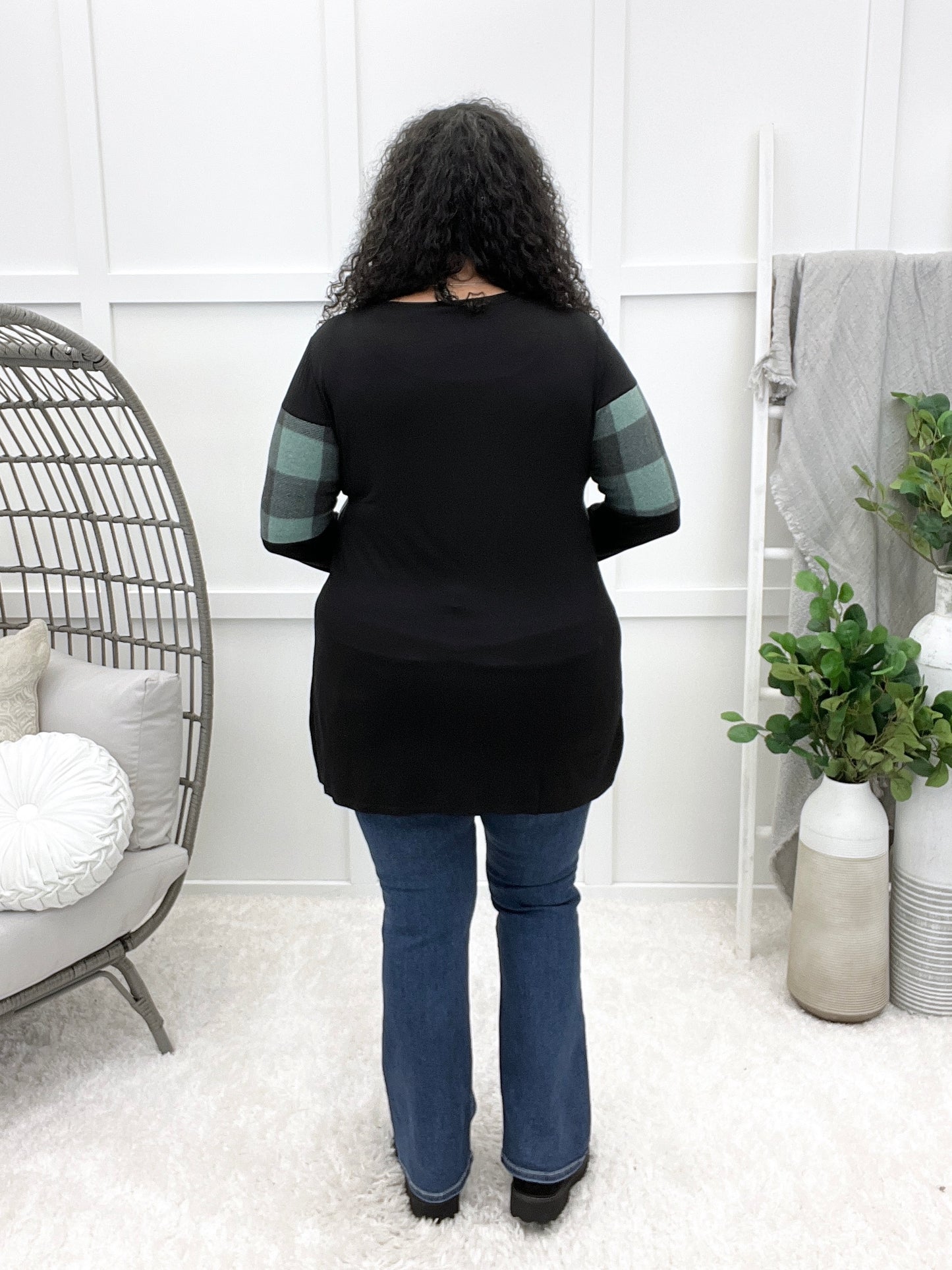 Women's Black Top w/ Green & Black Plaid Contrast