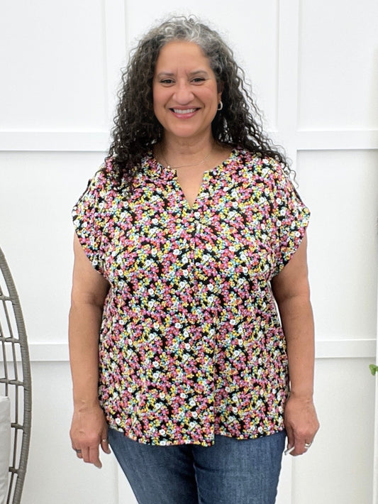 Dear Scarlett Women's Black Multi Color Floral Short Sleeve Lizzy Top