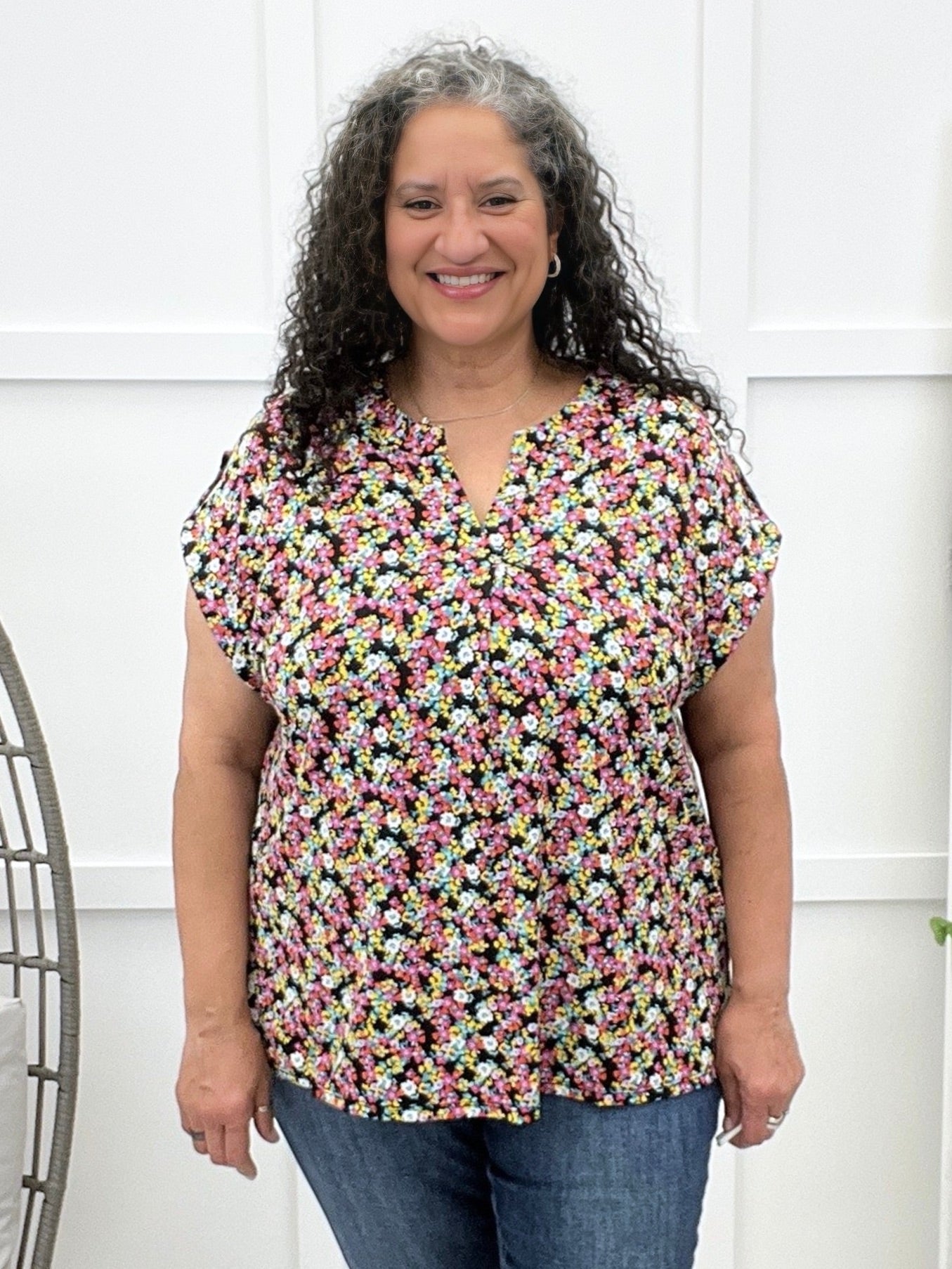 Dear Scarlett Women's Black Multi Color Floral Short Sleeve Lizzy Top