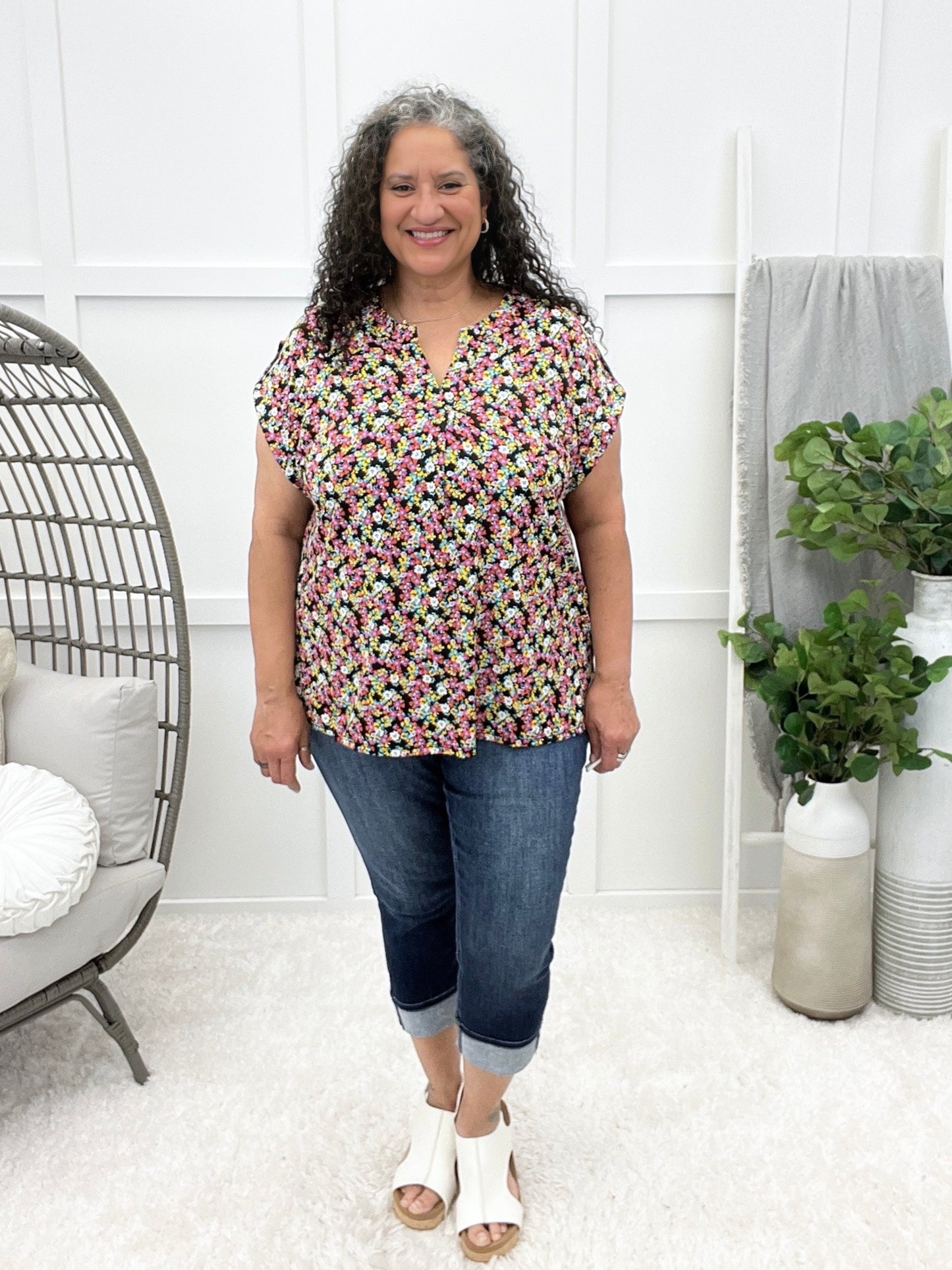 Dear Scarlett Women's Black Multi Color Floral Short Sleeve Lizzy Top