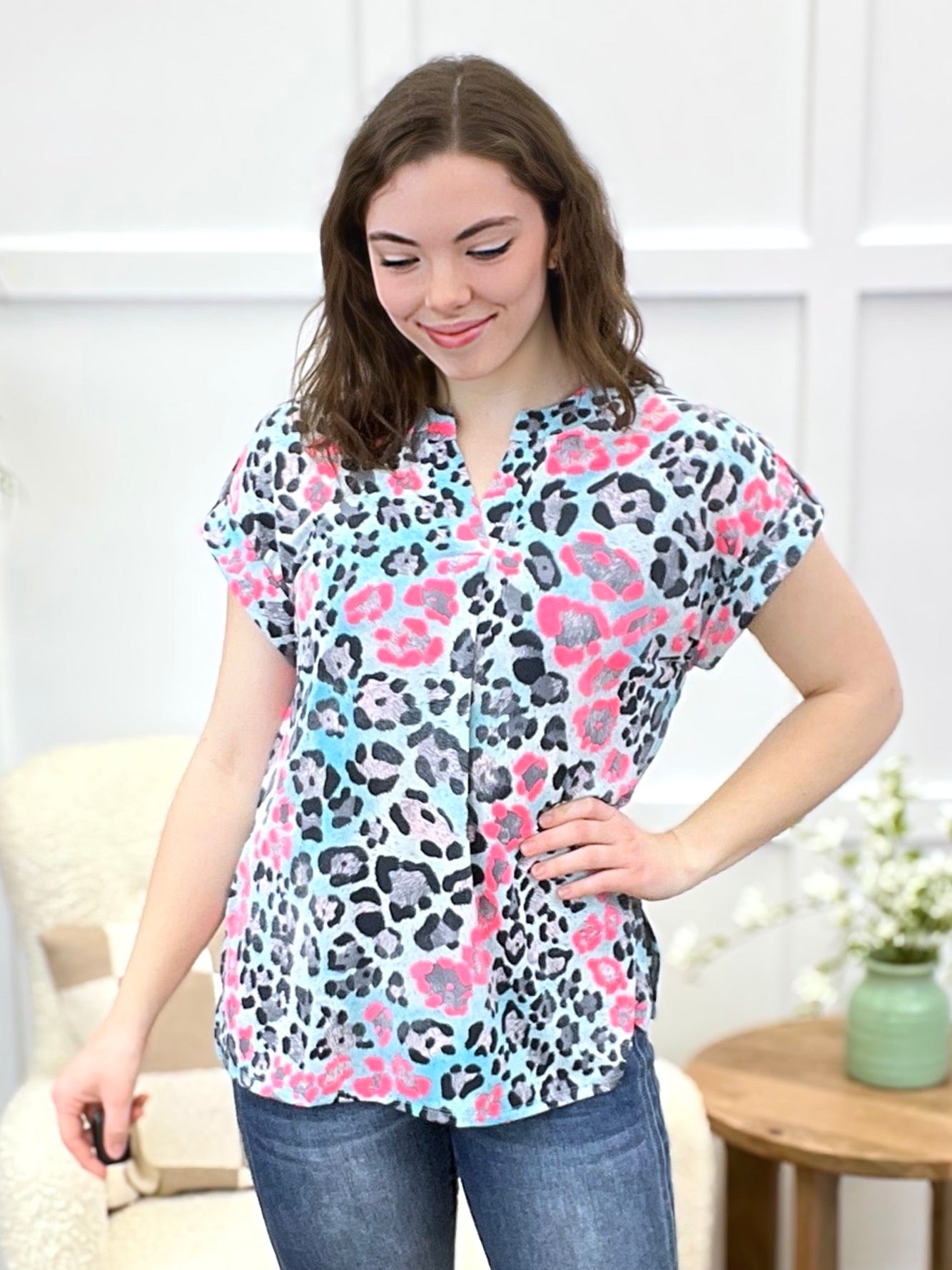 Dear Scarlett Women's Blue & Pink Leopard Short Sleeve Lizzy Top
