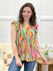 Dear Scarlett Women's  Multi Color Abstract Print Flutter Sleeve Lizzy Top