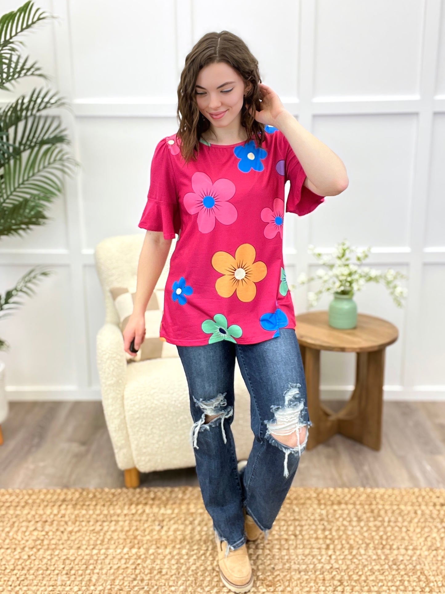 Bright Floral Ruffle Sleeve Top