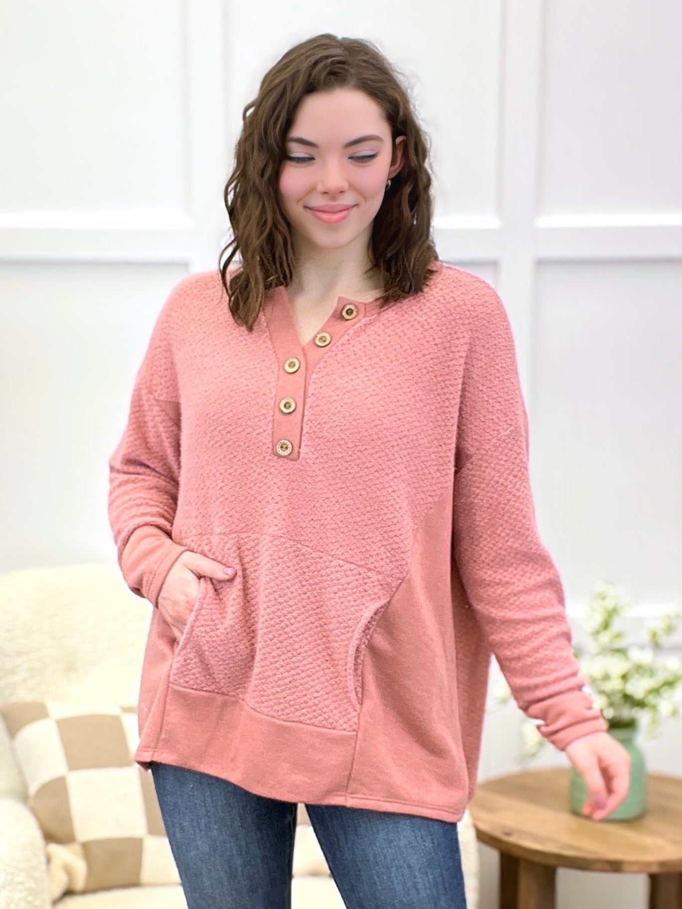 Dusty Rose Sugar Knit Button-Detail Top