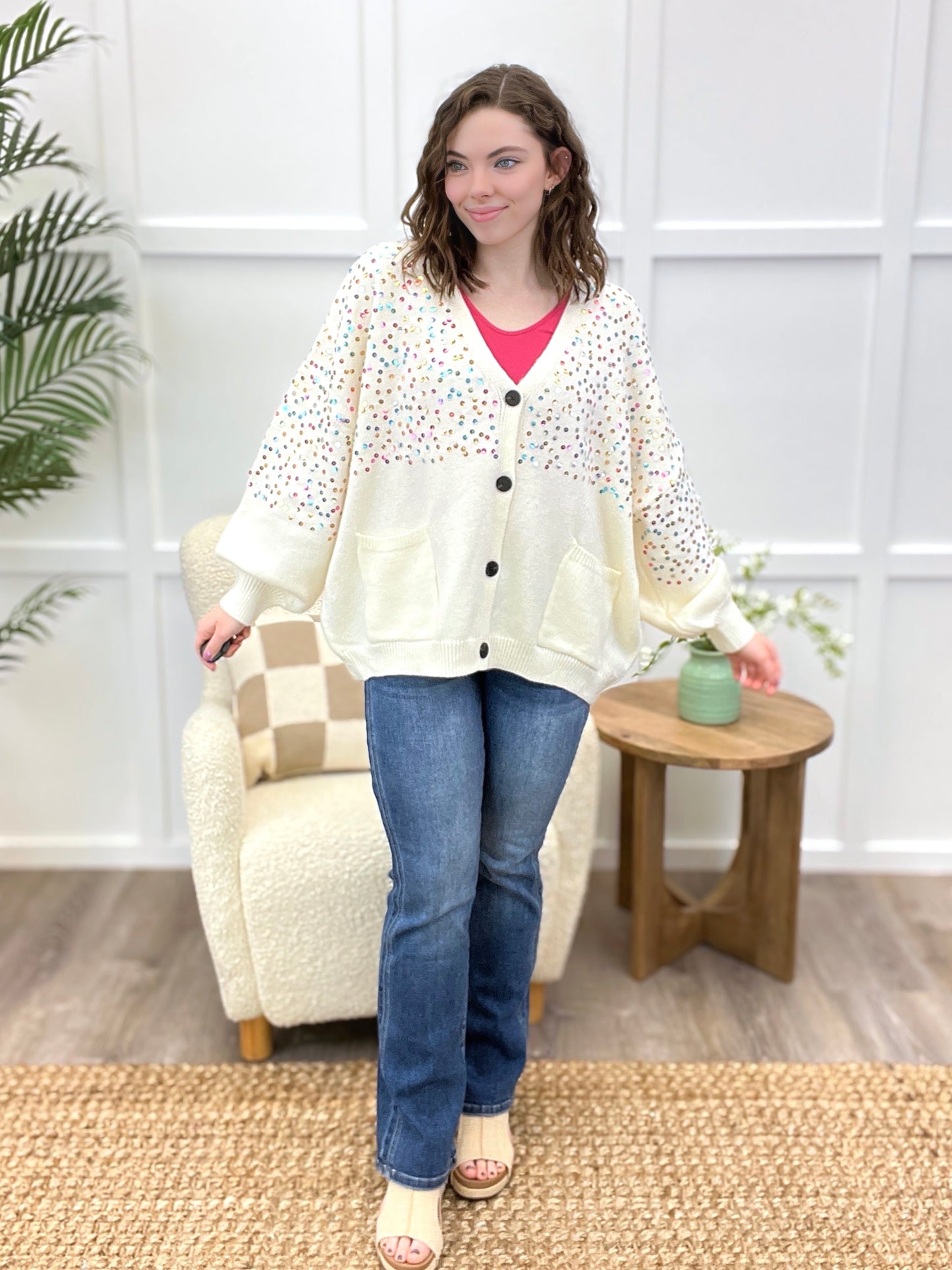 Moonlight Glow Multi-Color Sequin V-Neck Sweater Cardigan