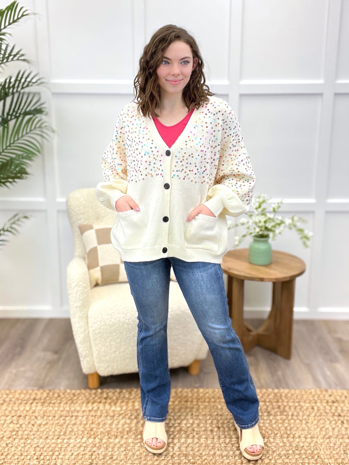 Moonlight Glow Multi-Color Sequin V-Neck Sweater Cardigan