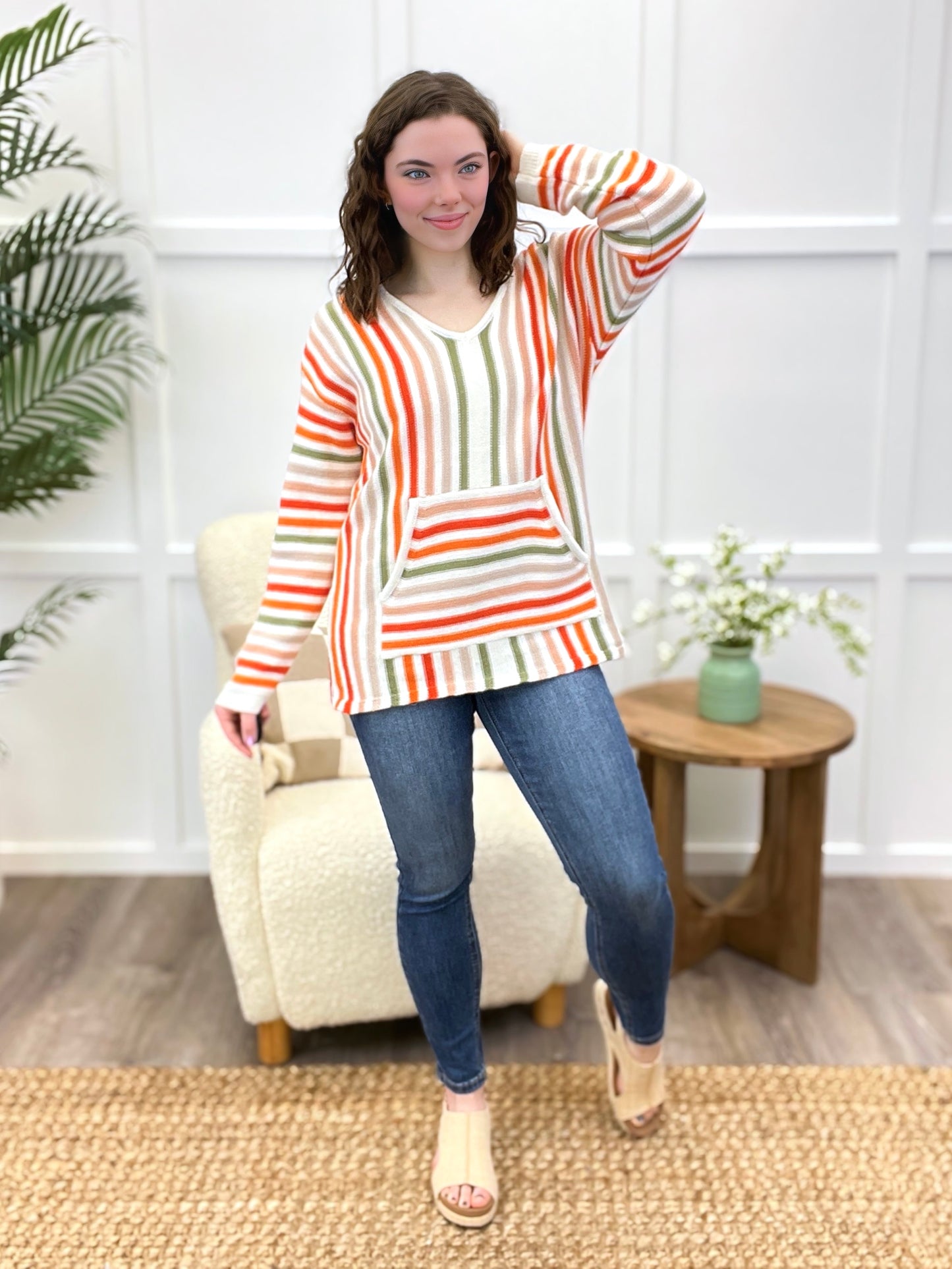 Sunlit Stripes Knit Top with Kangaroo Pocket