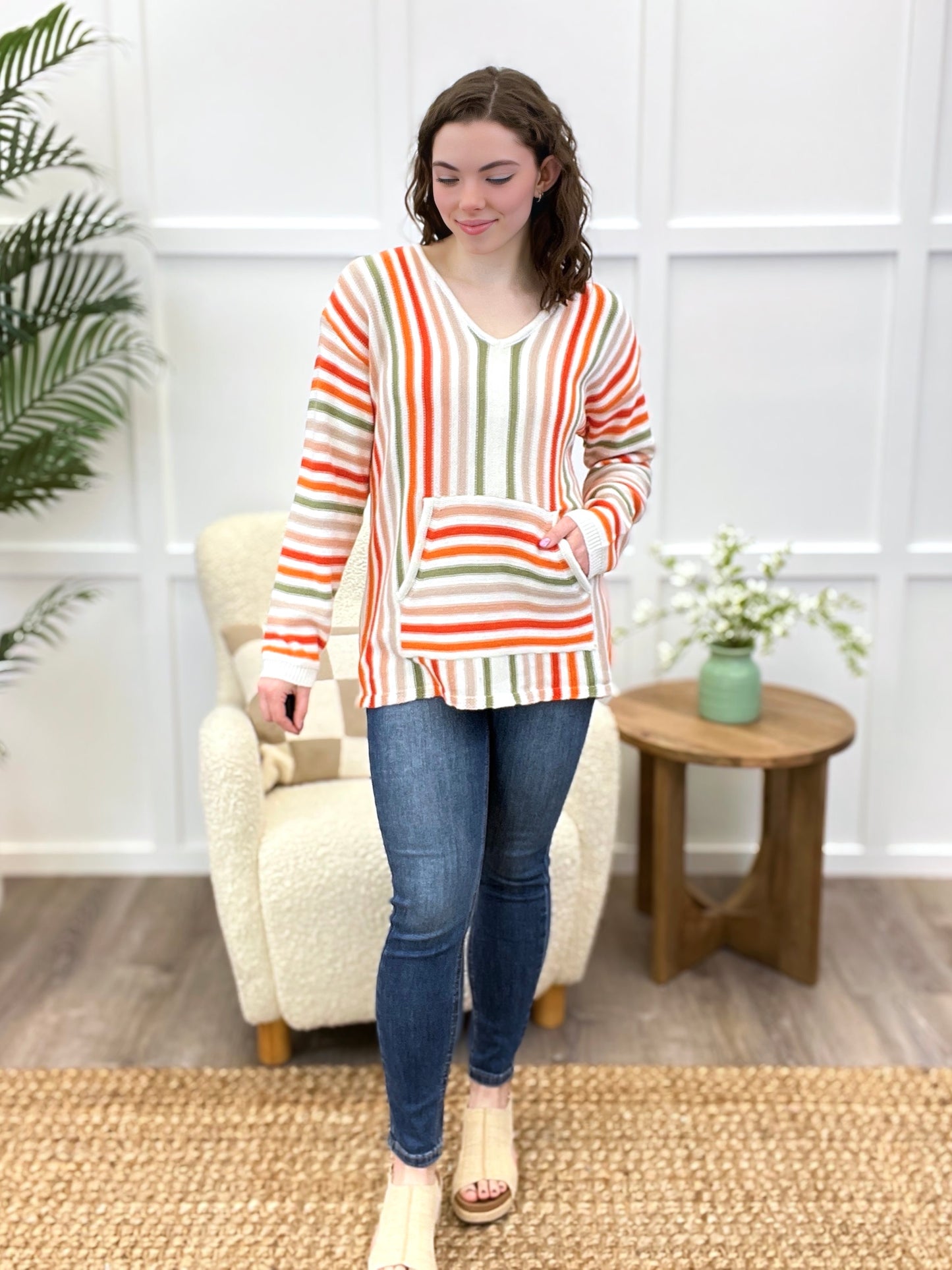 Sunlit Stripes Knit Top with Kangaroo Pocket