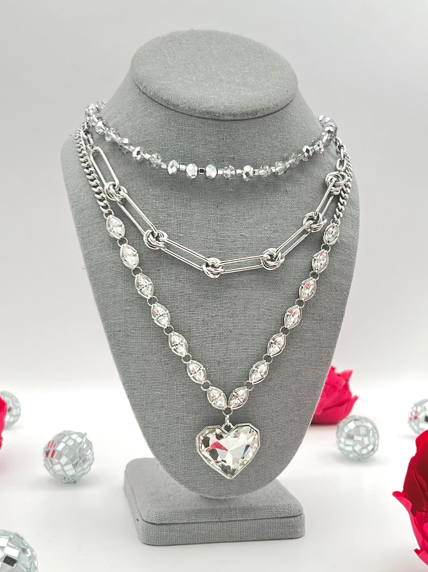 Silver Layered Crystal Heart Necklace