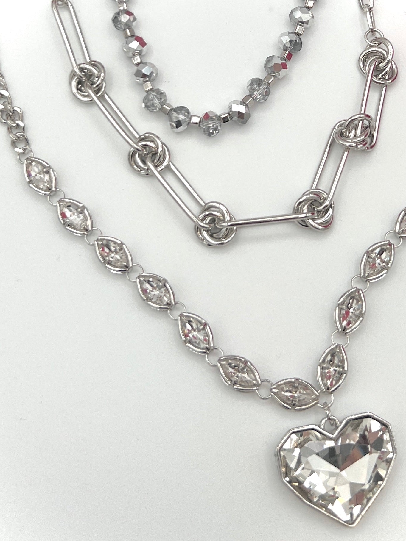 Silver Layered Crystal Heart Necklace