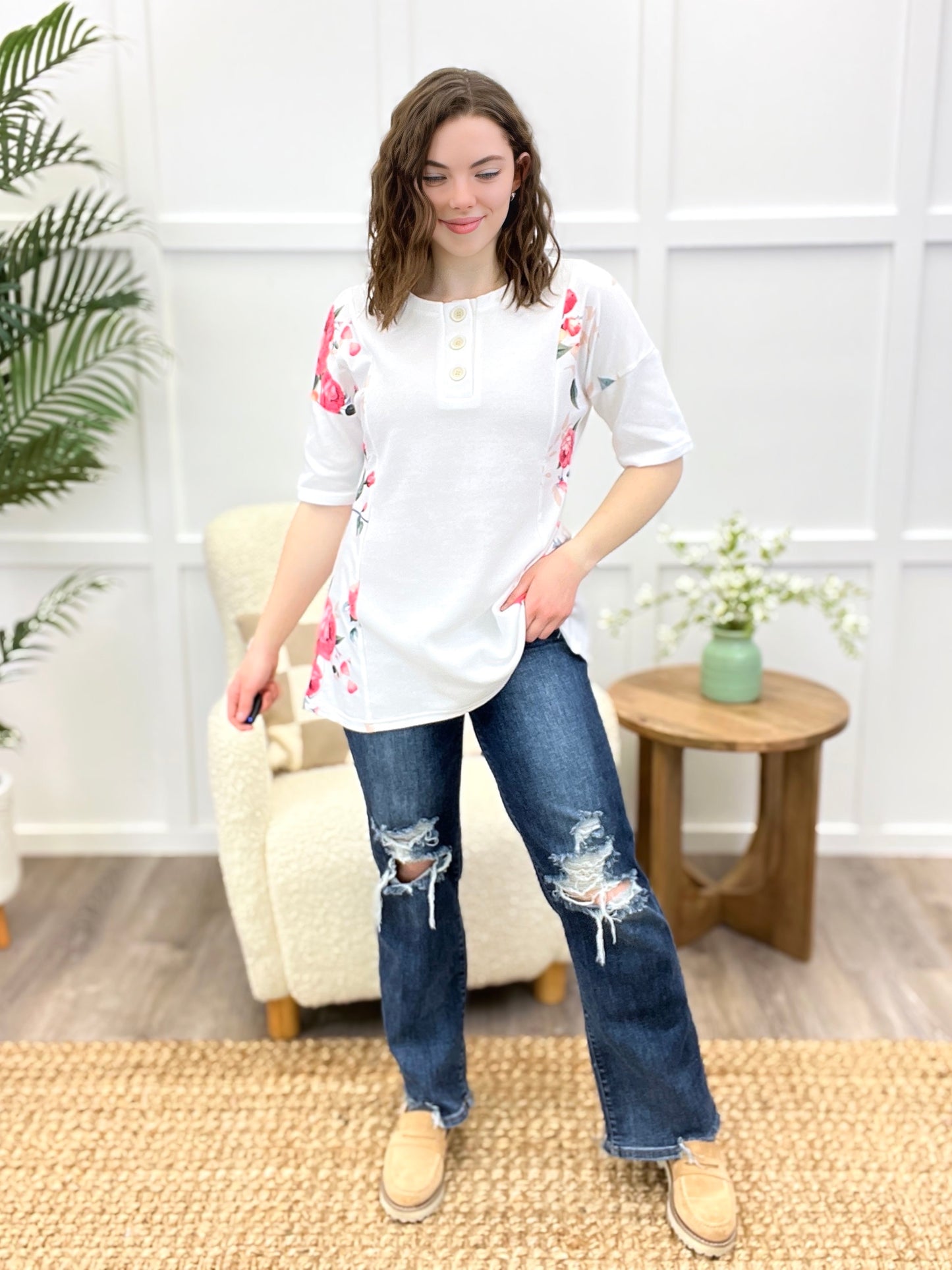 White Floral Accent Henley Top