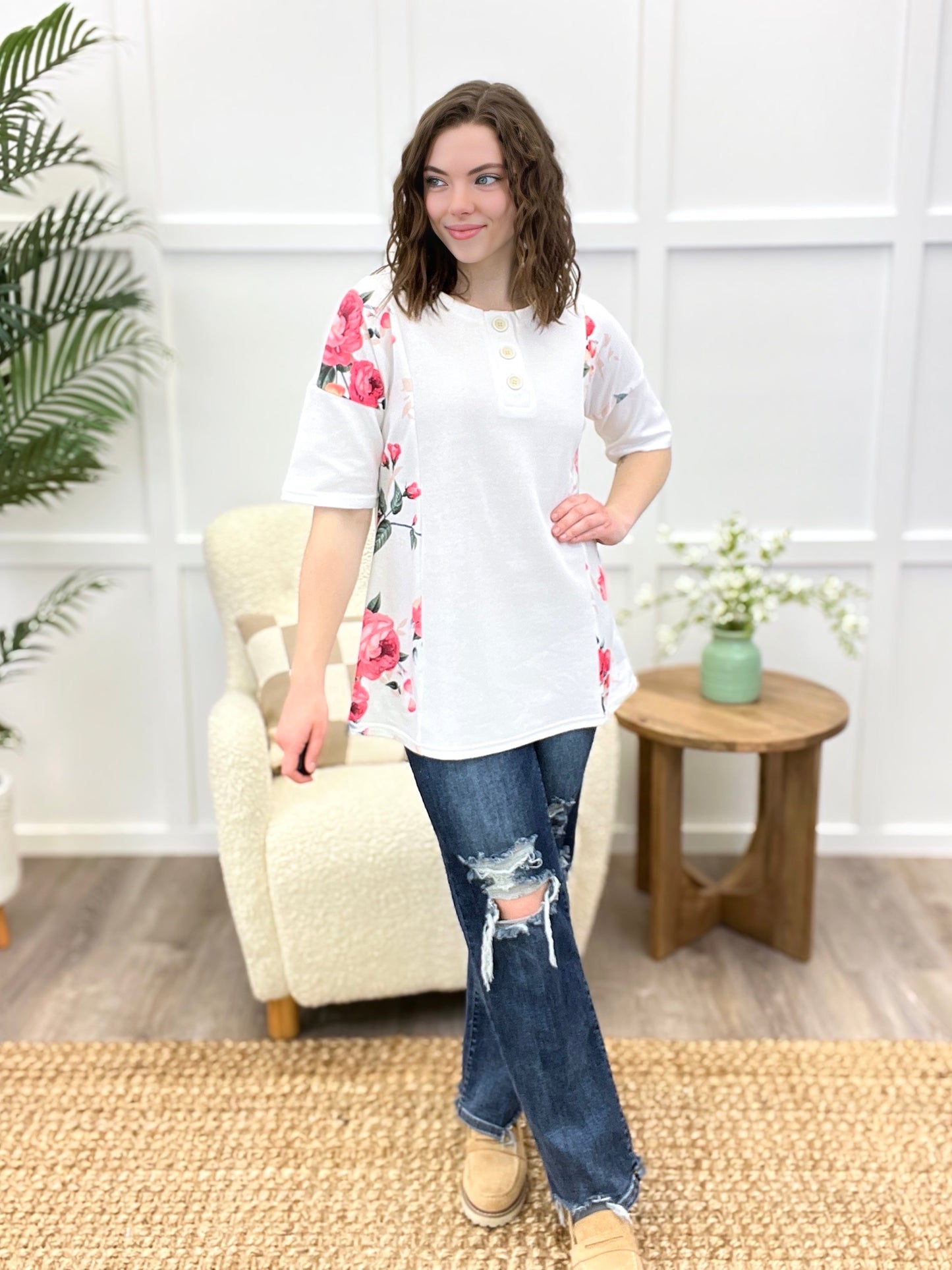 White Floral Accent Henley Top