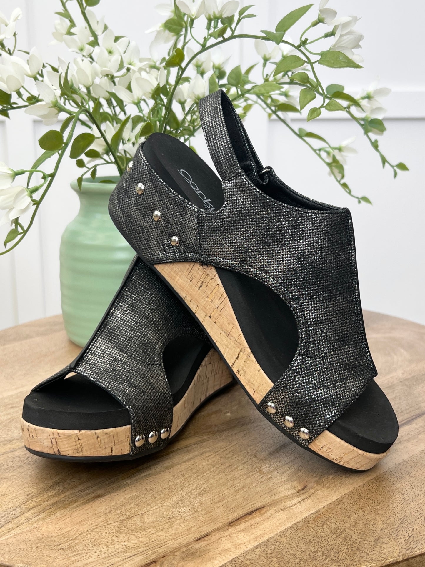 Corkys Volta II Black Shimmer Cork Wedge Sandals