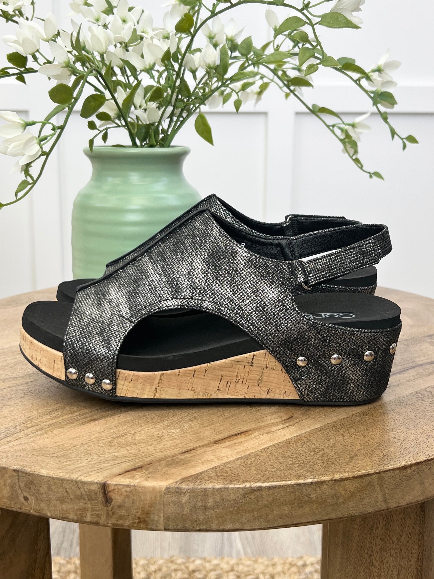 Corkys Volta II Black Shimmer Cork Wedge Sandals
