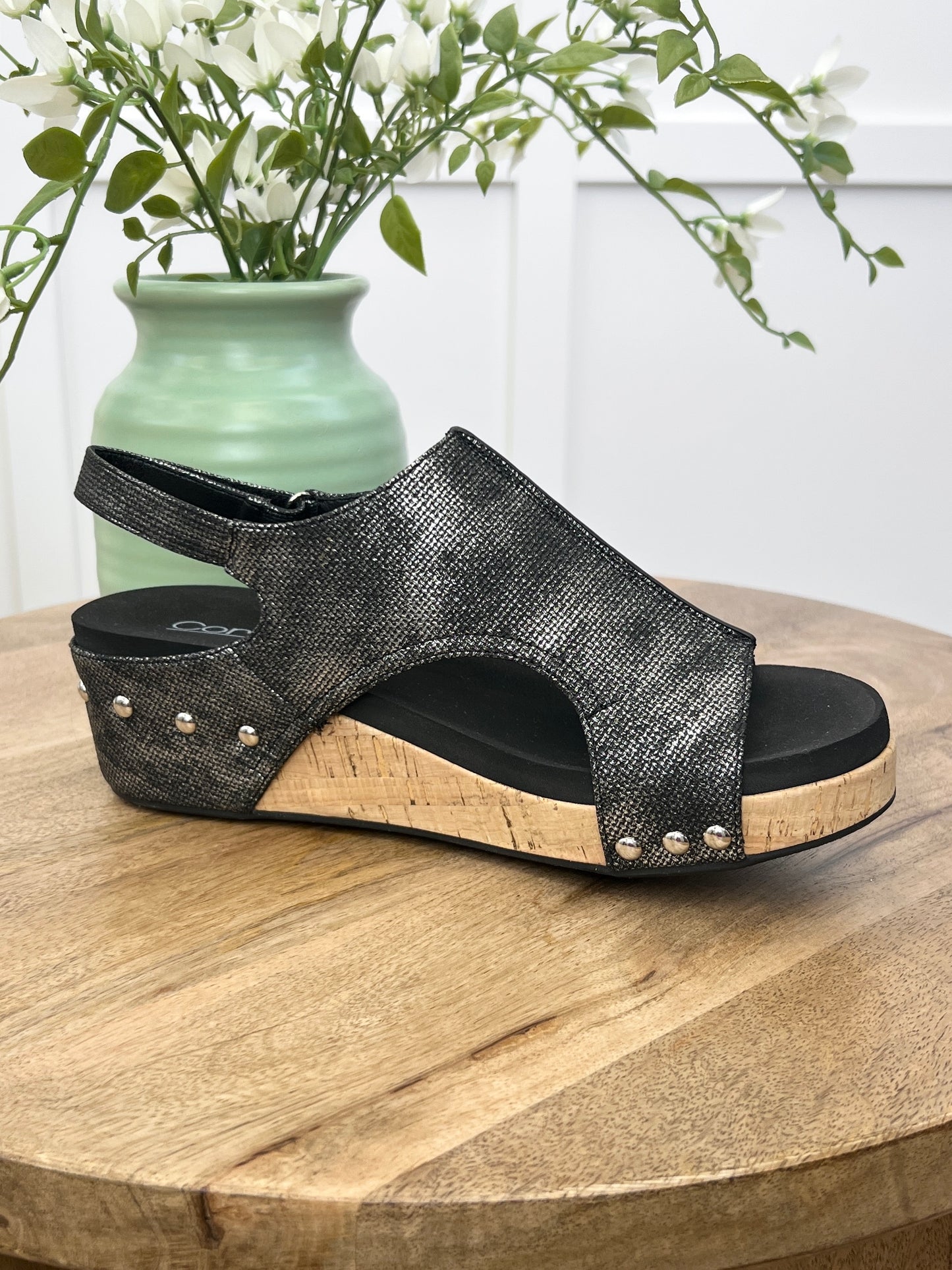 Corkys Volta II Black Shimmer Cork Wedge Sandals
