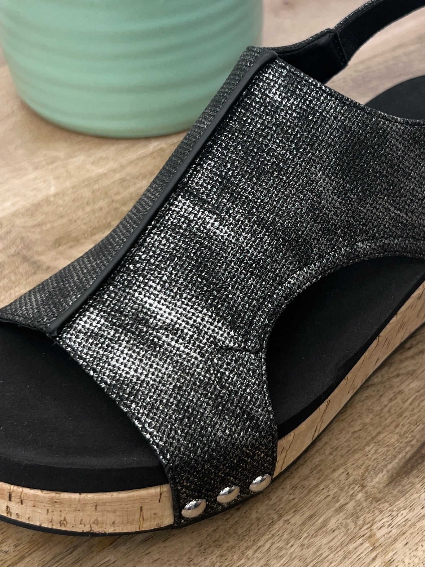 Corkys Volta II Black Shimmer Cork Wedge Sandals