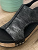 Corkys Volta II Black Shimmer Cork Wedge Sandals