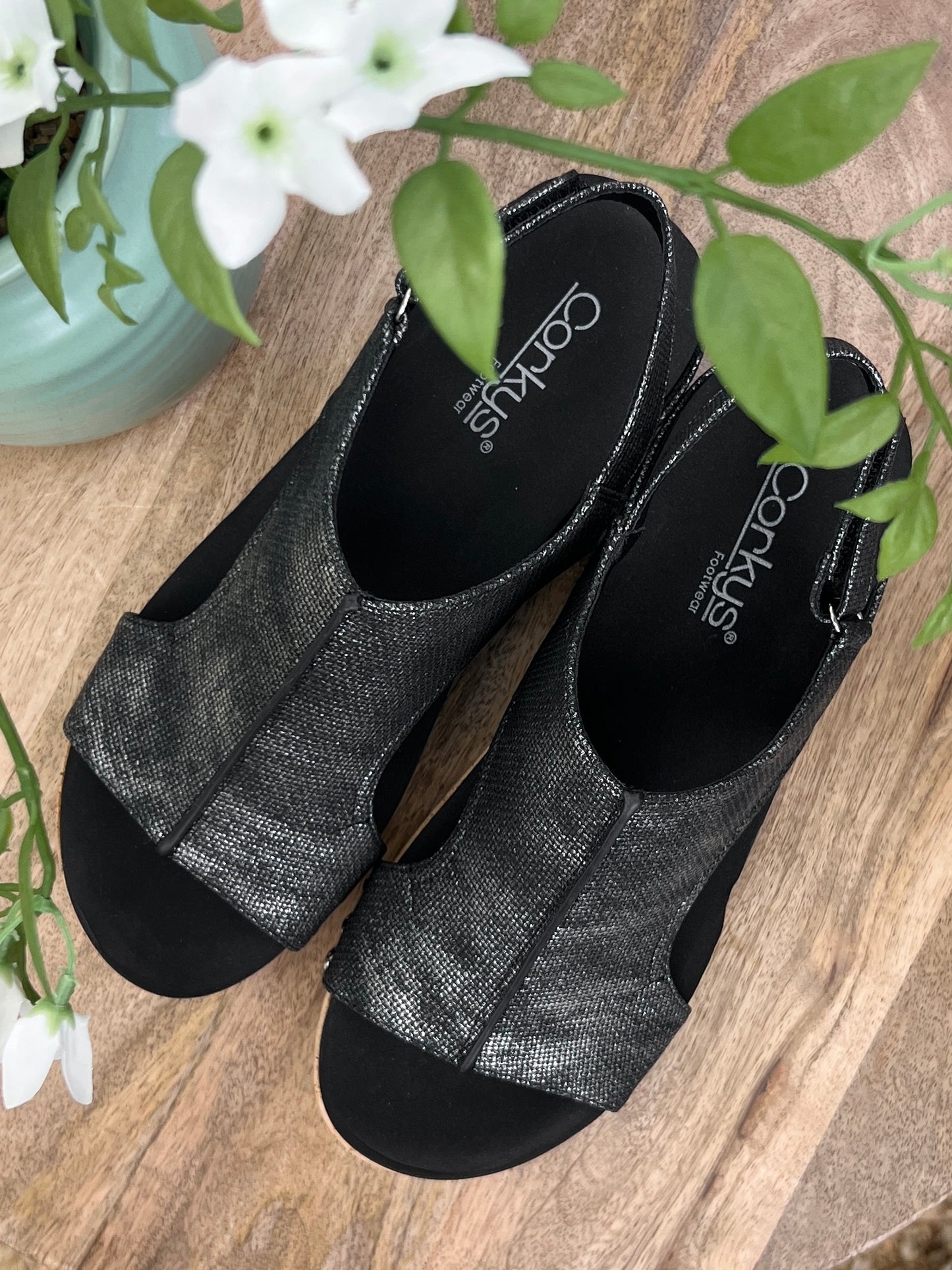 Corkys Volta II Black Shimmer Cork Wedge Sandals