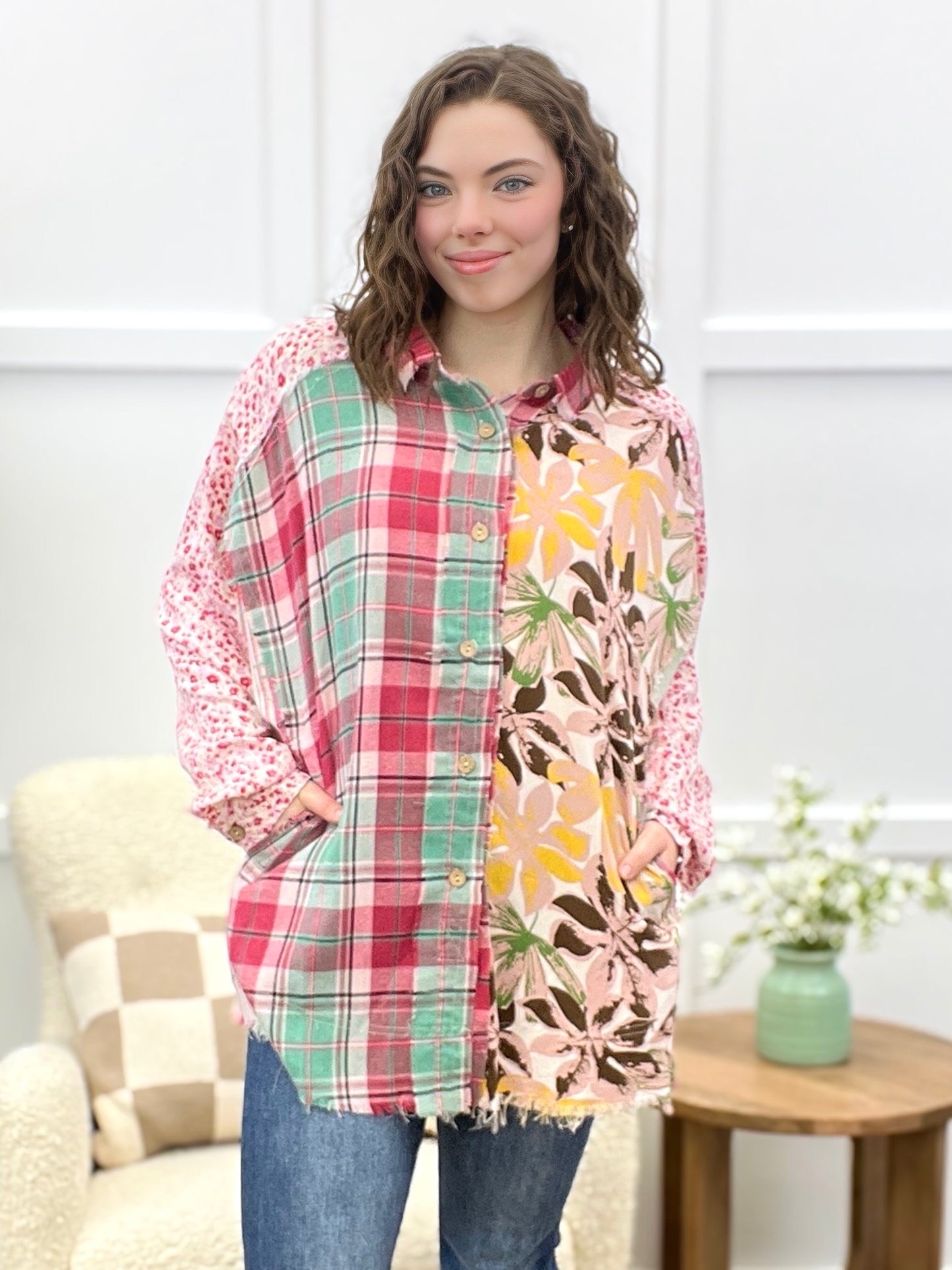 Rosy Patchwork Boho Button-Up Shacket