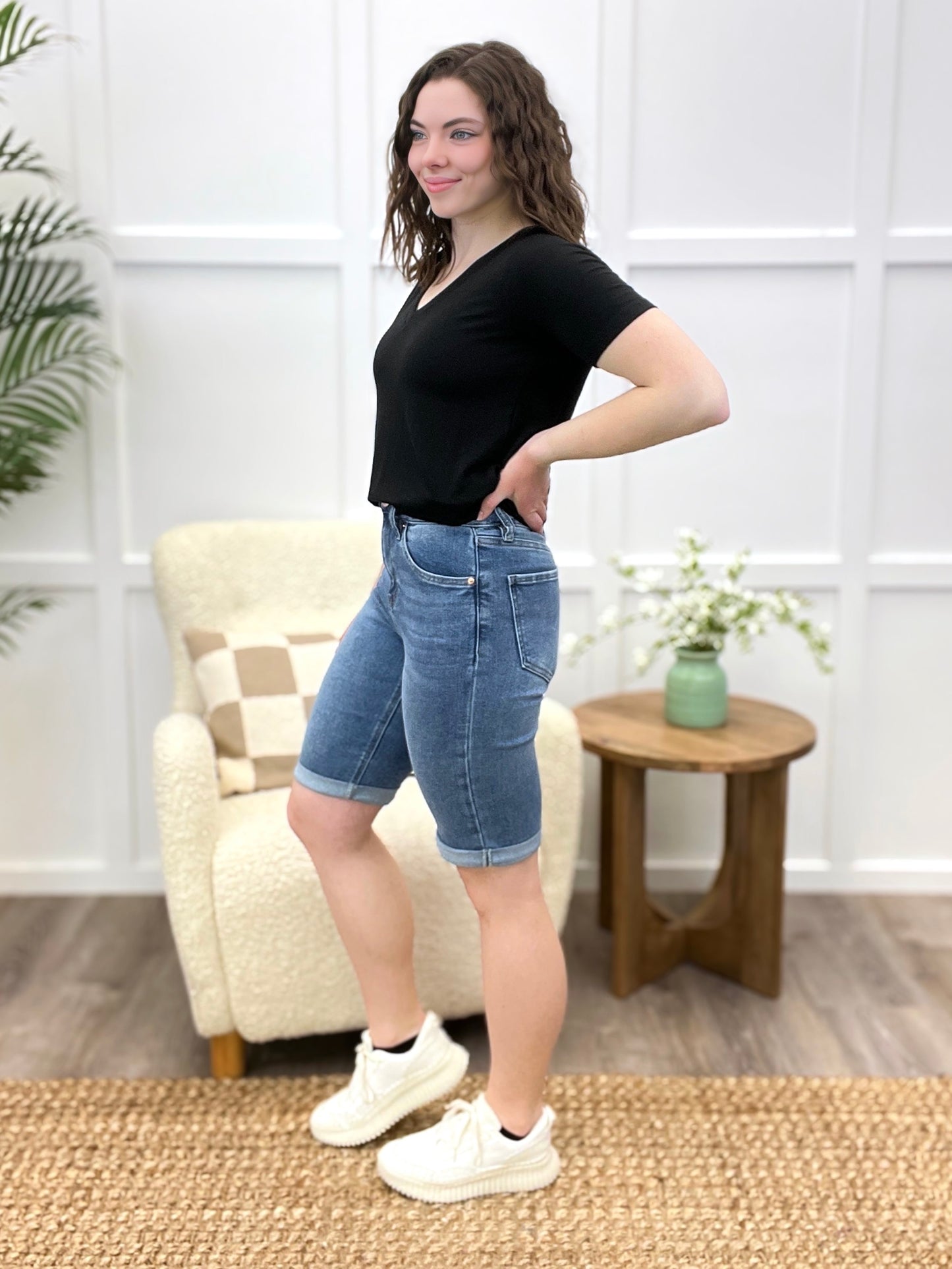 Alyssa High-Rise Denim Bermuda Shorts - Premium Stretch