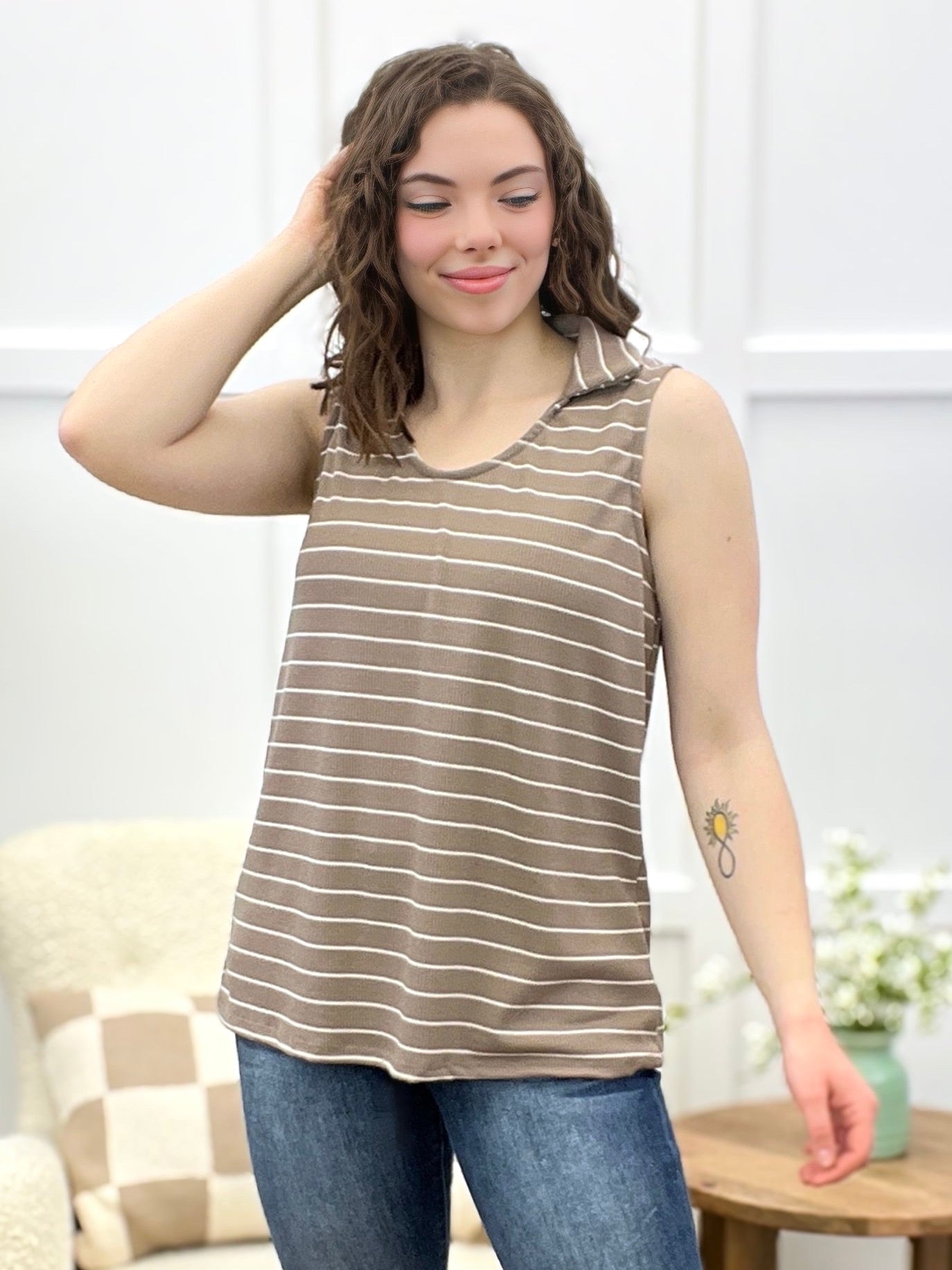 Mocha & White Striped Sleeveless Collared Top