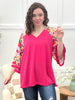 Fuchsia Floral Print 3/4 Sleeve Top with Fringe Trim