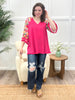Fuchsia Floral Print 3/4 Sleeve Top with Fringe Trim