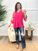 Fuchsia Floral Print 3/4 Sleeve Top with Fringe Trim
