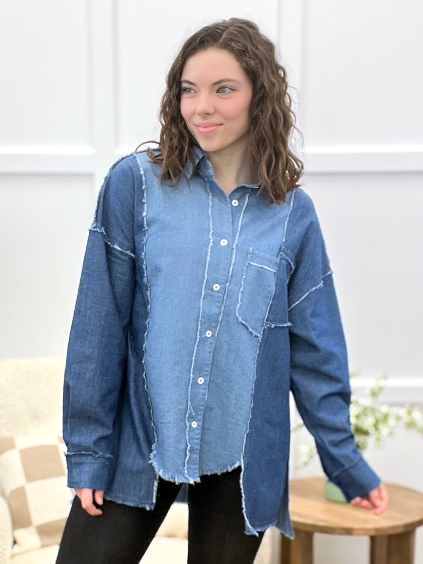 Denim Contrast Button-Up Top