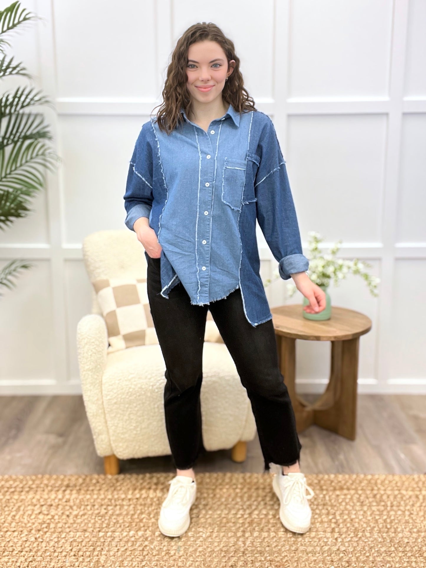 Denim Contrast Button-Up Top