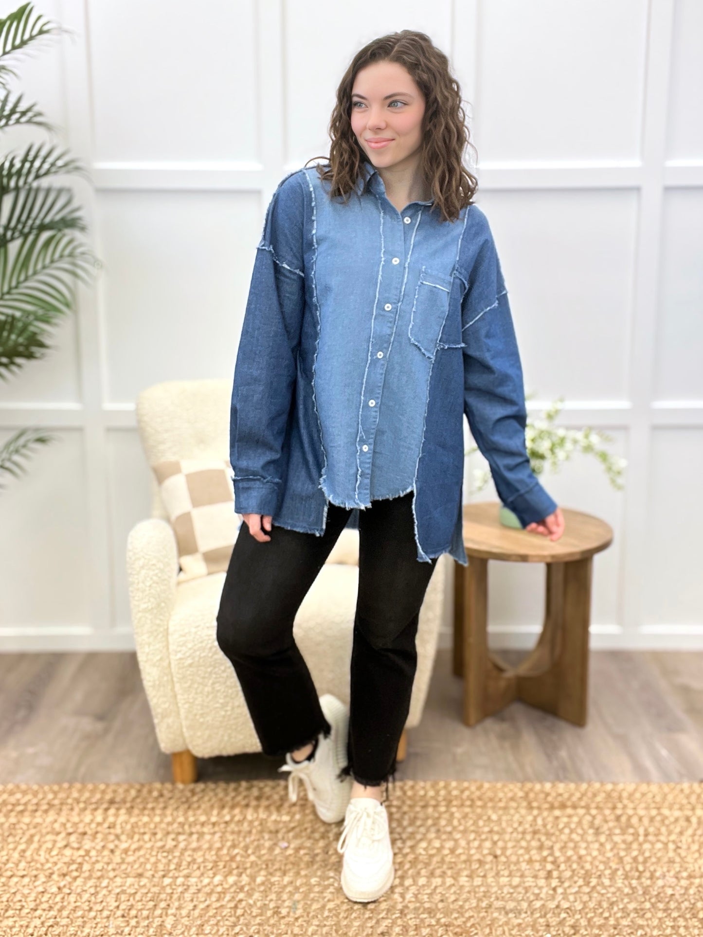 Denim Contrast Button-Up Top