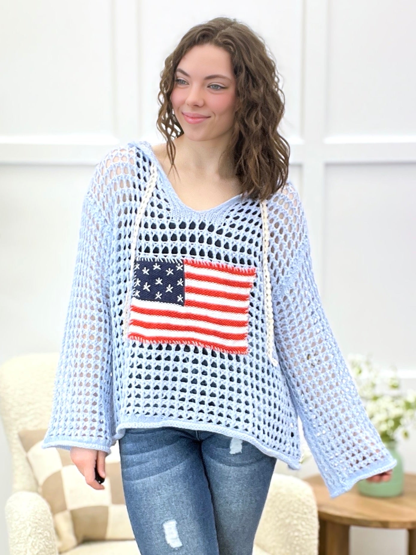 Americana Breeze Crochet Knit Hoodie Sweater