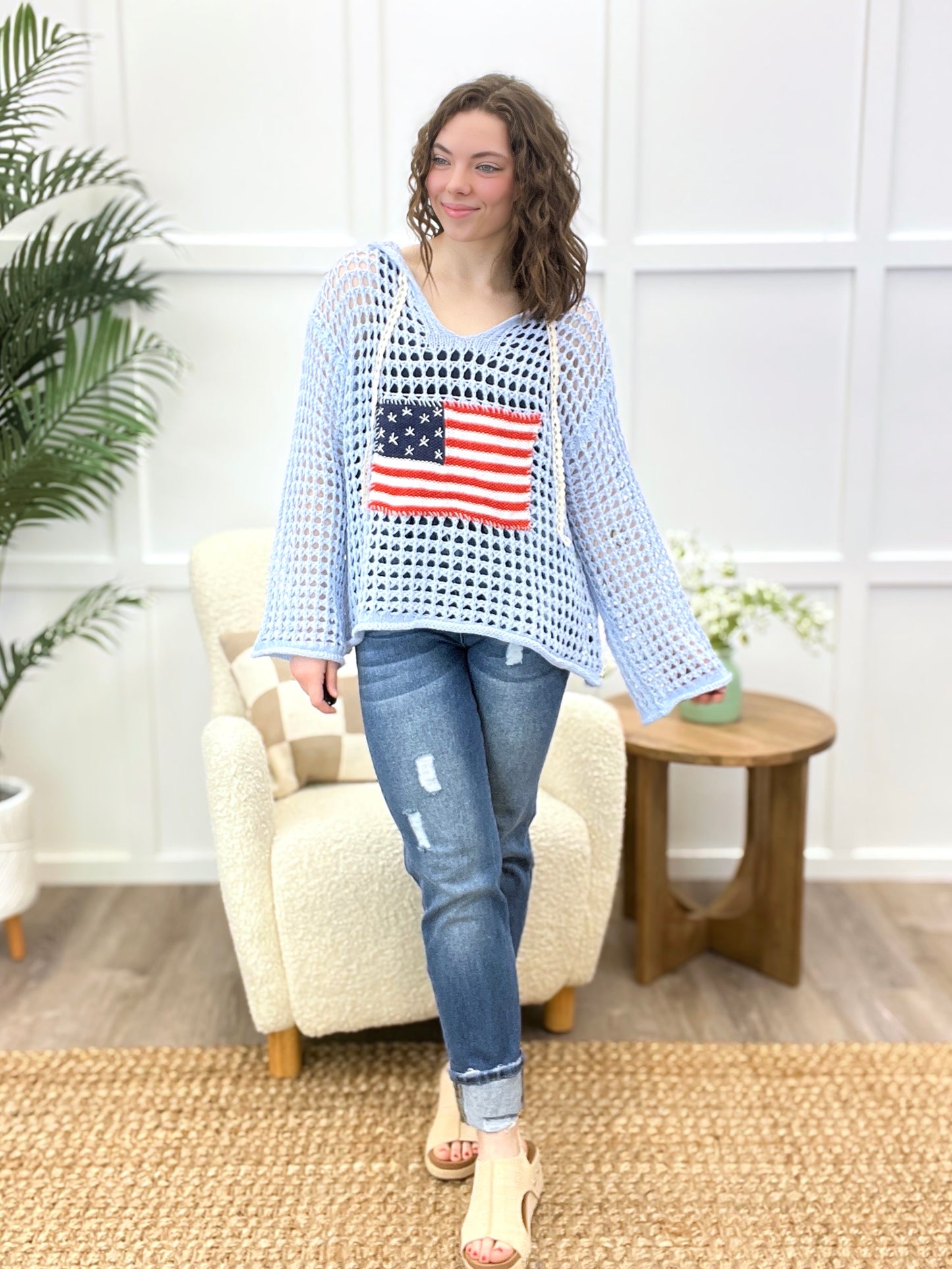 Americana Breeze Crochet Knit Hoodie Sweater