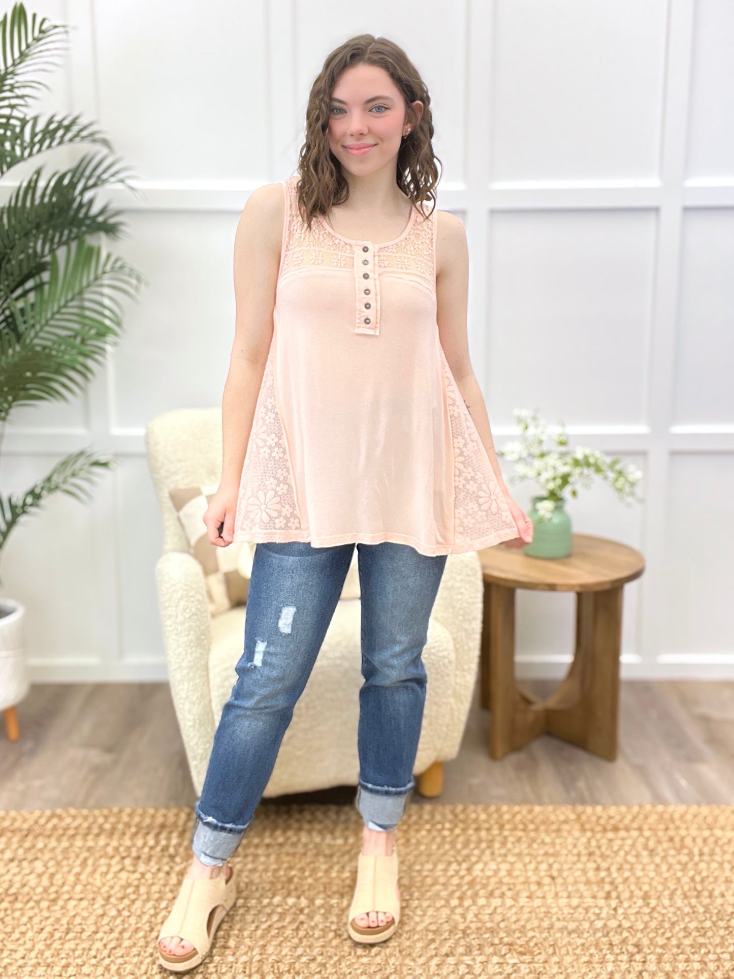 Peony Whisper Crisscross Back Sleeveless Top