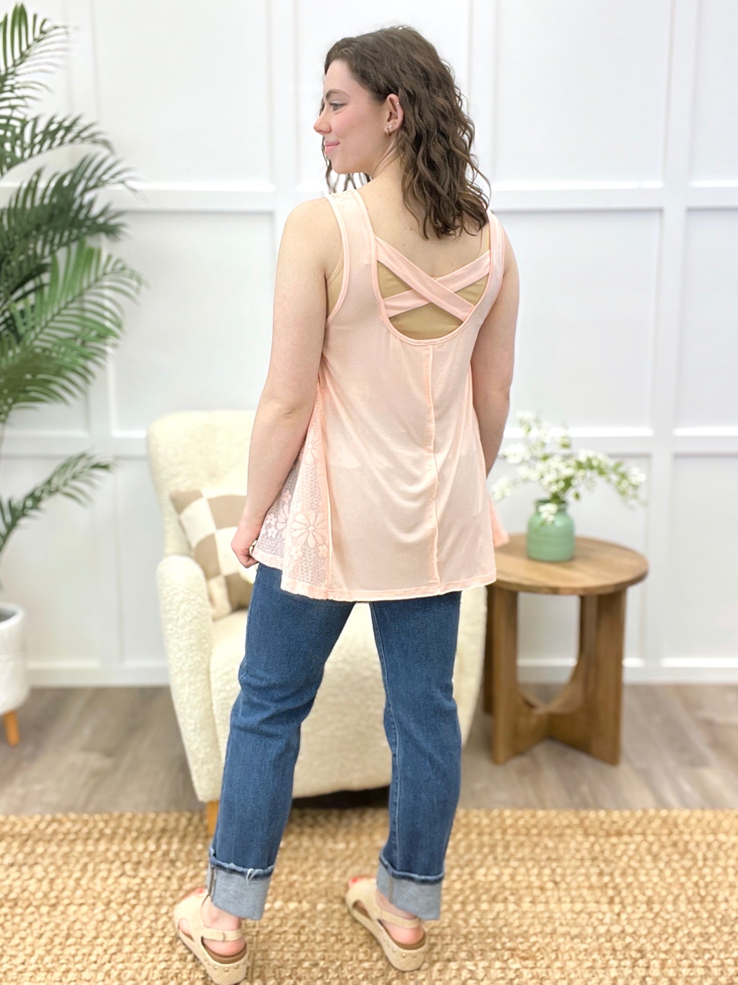 Peony Whisper Crisscross Back Sleeveless Top