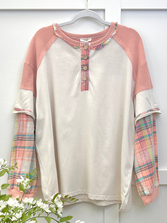 Layered Plaid Sleeve Henley Knit Top