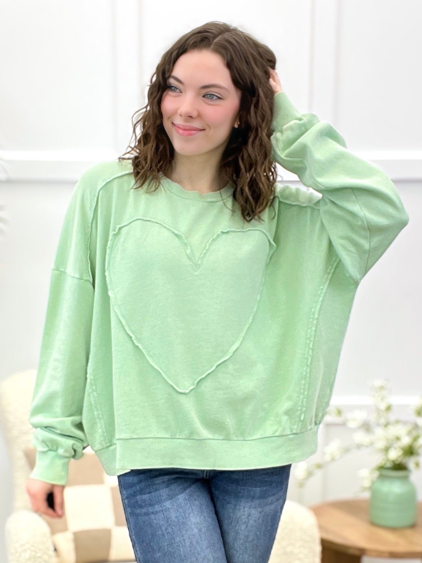 Mint Heart Patch Terry Knit Pullover