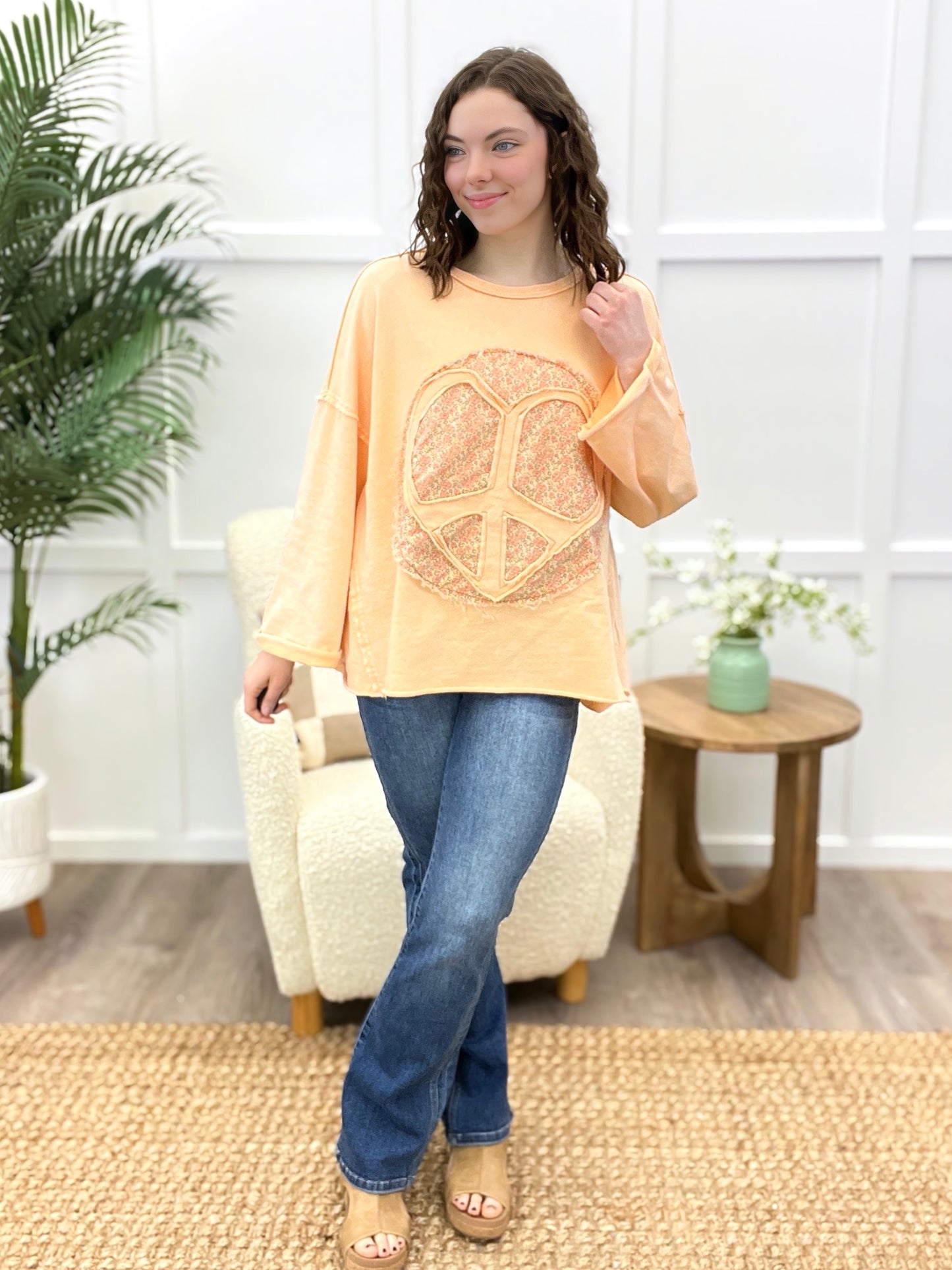 Peach Peace Sign Patch Cotton Pullover