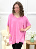Pink Blossom Oversized V-Neck Cotton Blend Top