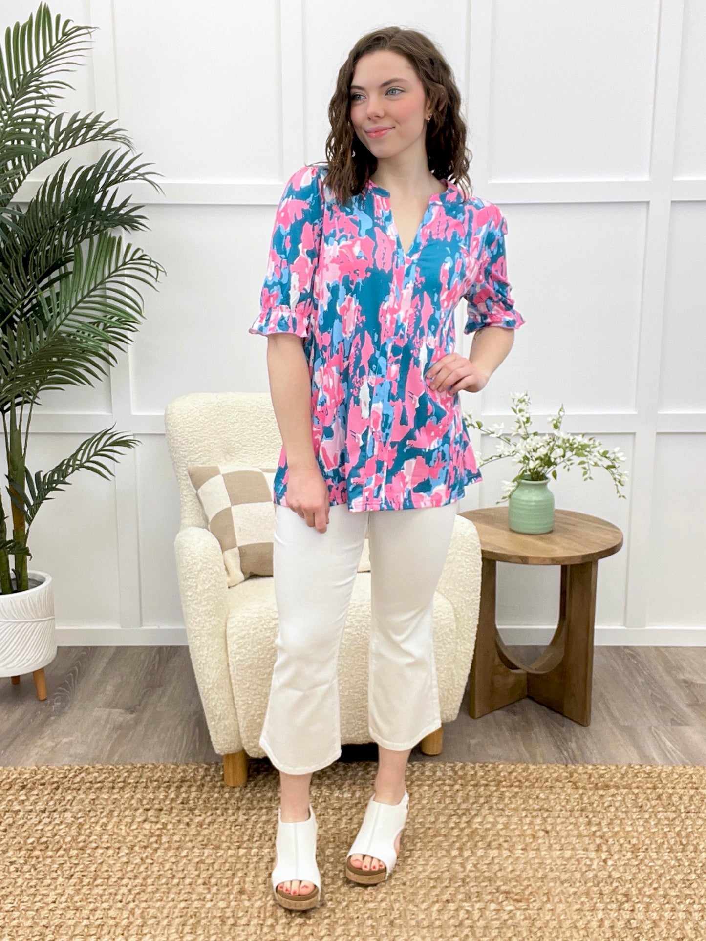 Electric Splash Ruffle Sleeve Top