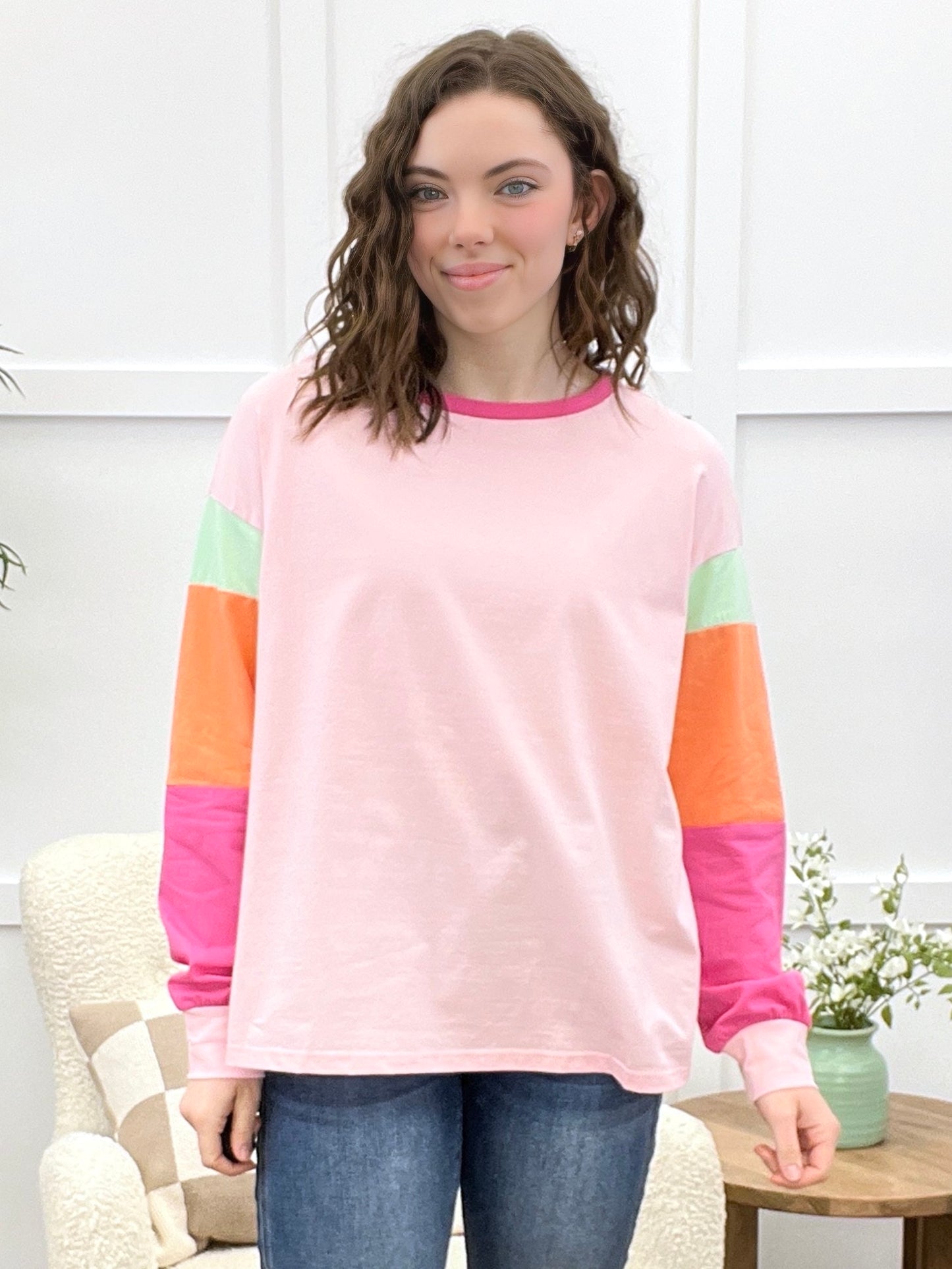 Sunshine Vibes Pink Color Block Long Sleeve Top