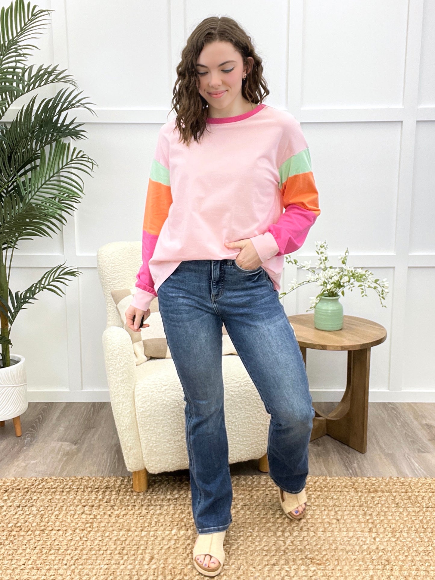 Sunshine Vibes Pink Color Block Long Sleeve Top